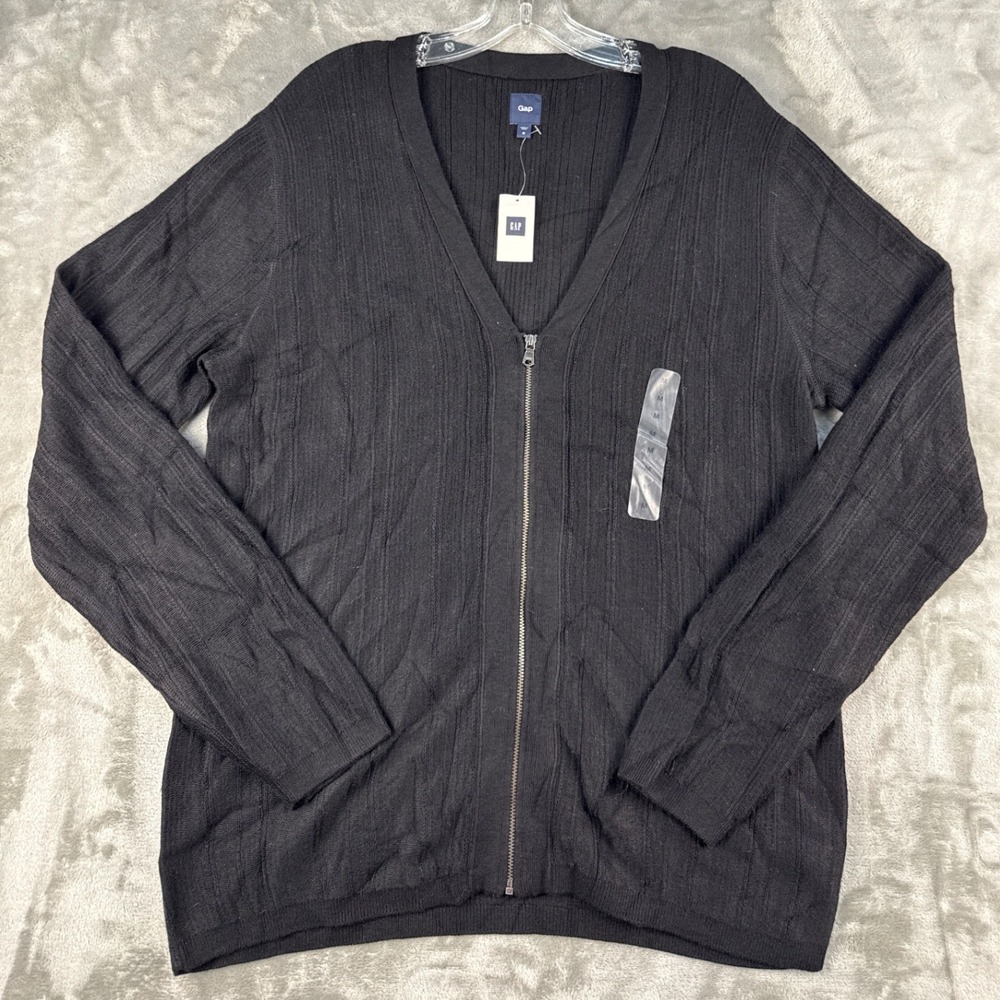 Gap Mens Full Zip Cardigan Sweater Black Ribbed Knit V-Neck Medium NWT